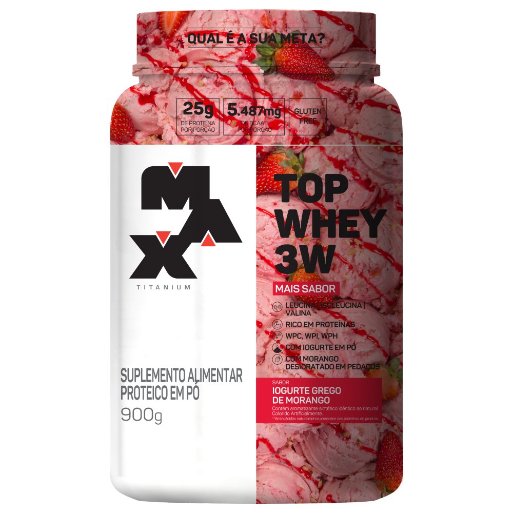 Top Whey 3W + Sabor Pote 900G Iogurte Grego Morango Max Titanium