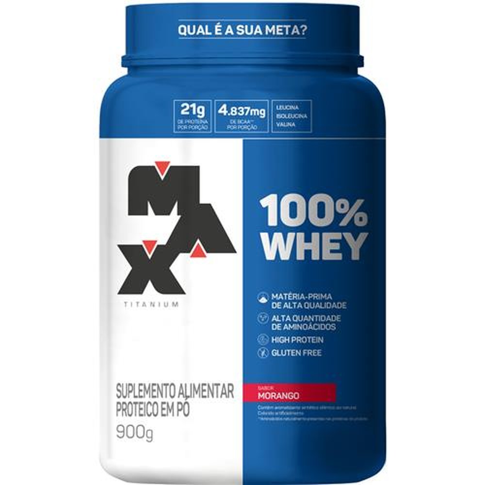100% Whey Morango Max Titanium Pote 900g