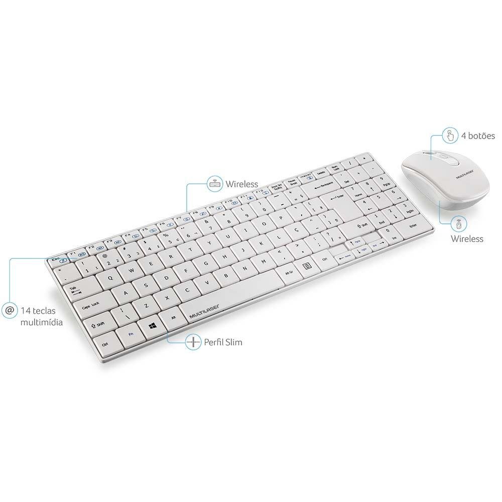Teclado e Mouse Multilaser Sem Fio 2.4 Ghz Multimídia Slim Usb Branco - TC203