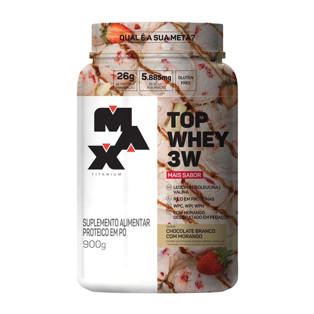 Top Whey 3W + Sabor Pote 900G Chocolate Branco C/ Morango Max Titanium