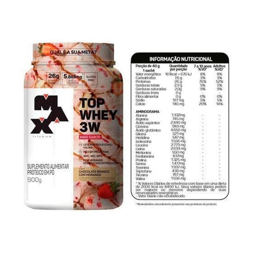 Top Whey 3W + Sabor Pote 900G Chocolate Branco C/ Morango Max Titanium