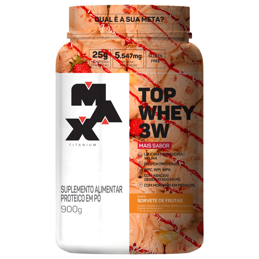 Top Whey 3W + Sabor Pote 900G Sorvete De Frutas Max Titanium
