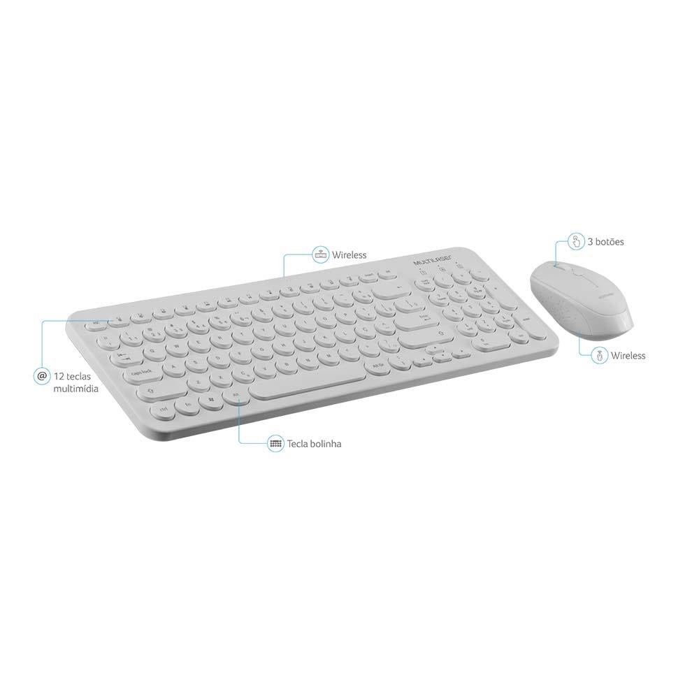 Teclado e Mouse Multilaser Sem Fio 2.4 Ghz Multimídia Branco - TC232