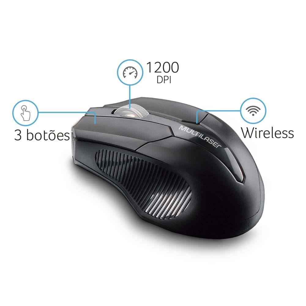 Mouse Multilaser Sem Fio 2.4 Ghz 1600 Dpi Preto Usb - MO221