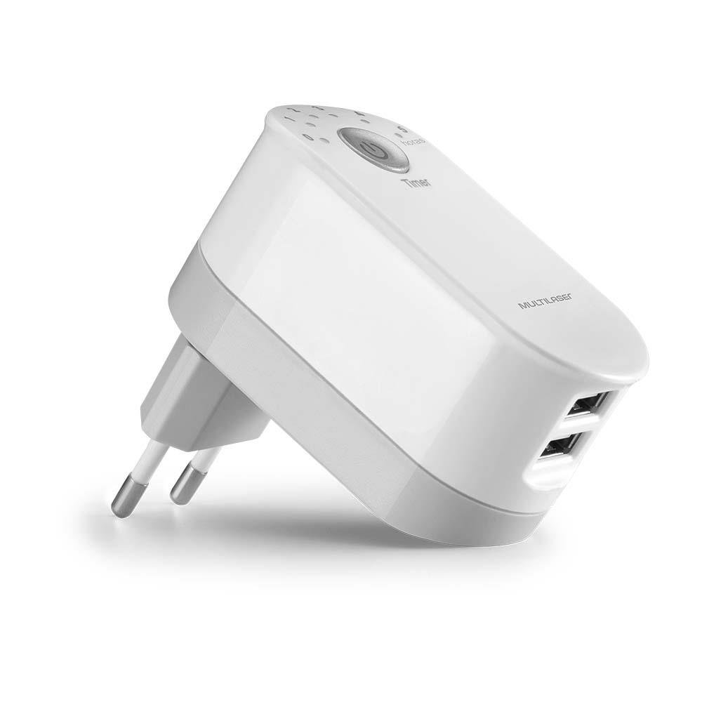 Carregador de Parede 2 Portas USB 2,4A com Timer e Plug Dobrável Branco Multilaser - CB139