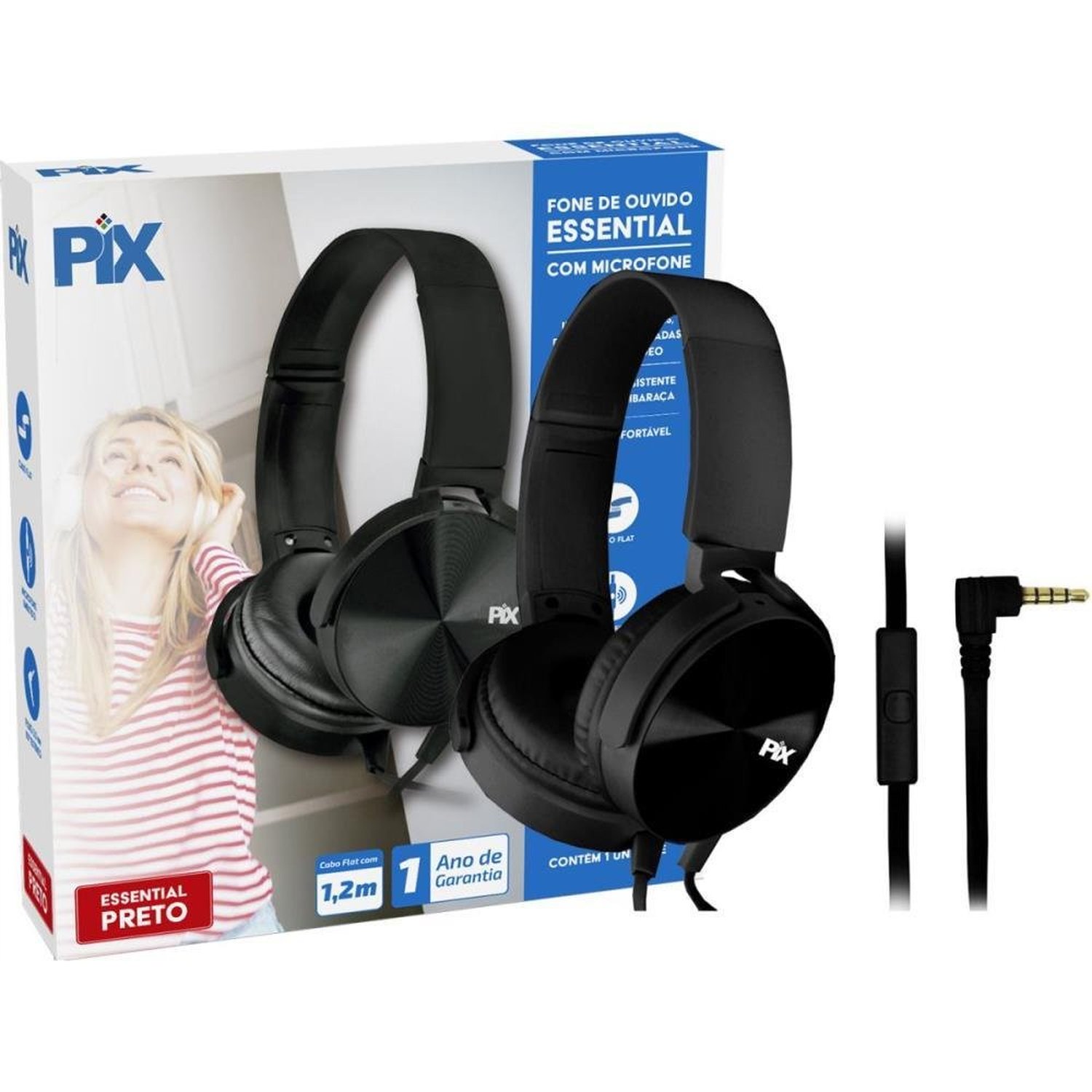 Fone De Ouvido Com Microfone Essential P2 Cabo Flat 1,2M Preto