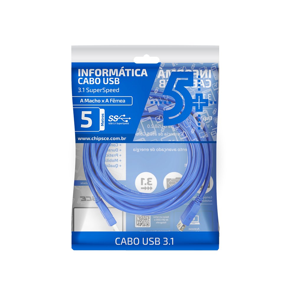 Cabo USB 3.1 A Macho X A Fêmea - 5 Metros