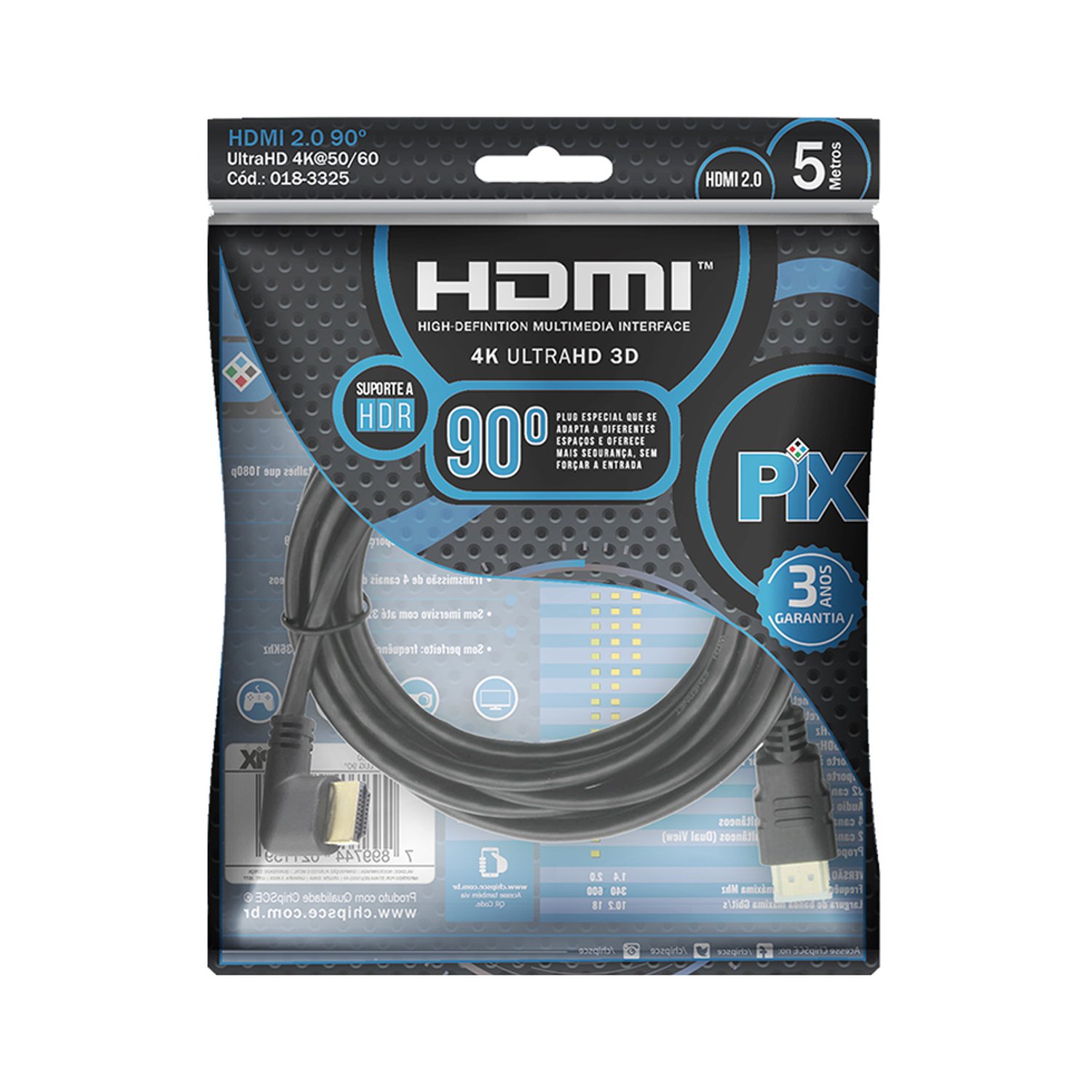 Cabo HDMI 5m 2.0 19 Pinos 4K Plug 90 Graus
