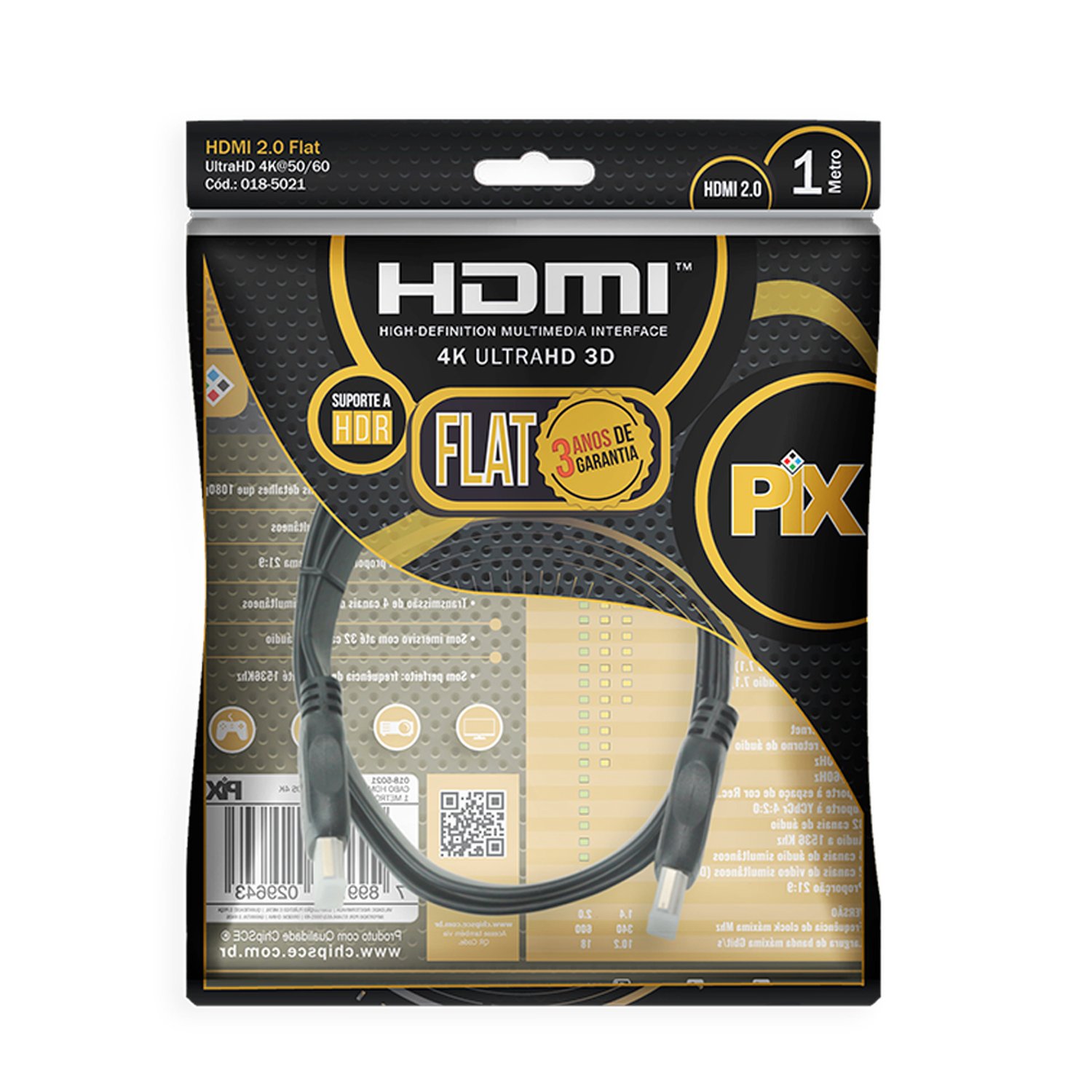 Cabo HDMI Flat 2.0 19 Pinos 4K 1 Metros - Polybag