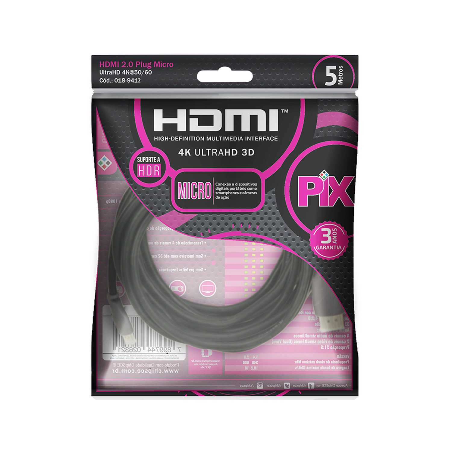 Cabo Micro HDMI x HDMI 5m 2.0 4K ULTRAHD 19 Pinos