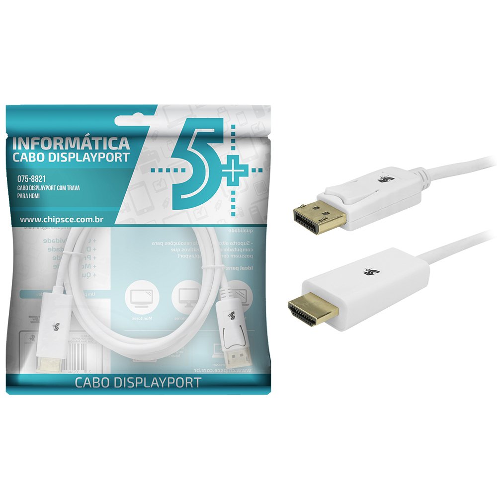 Cabo Displayport Para HDMI 2M Com Trava Branco 5+ Un.Venda: PC/1