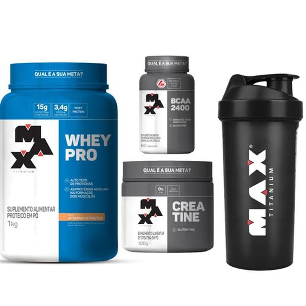 Kit Whey Pro 1kg Vitamina de Frutas + Bcaa 60Caps + Creatina 100G + Coqueteleira Max Titanium