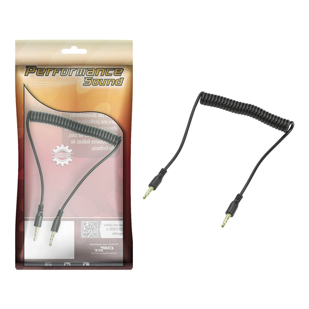 Cabo P2 Espiral - P2 + P2 Estéreo 1.2m - Preto