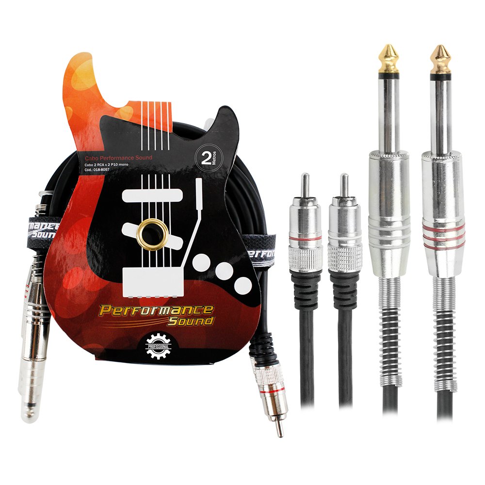 Cabo RCA + P10 Fitz - 2 RCA Macho + 2 P10 Mono Plug Metal - 2m