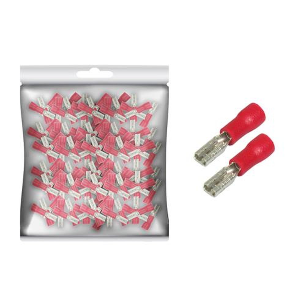 100 Stuks Vrouwelijke Snelle Disconnect – Vinyl Geïsoleerd – 2,8x0,5 Mm – 0,5-1,5 Mm² (22-16 AWG) – Rood – 10A – Voor Elektrische Verbindingen