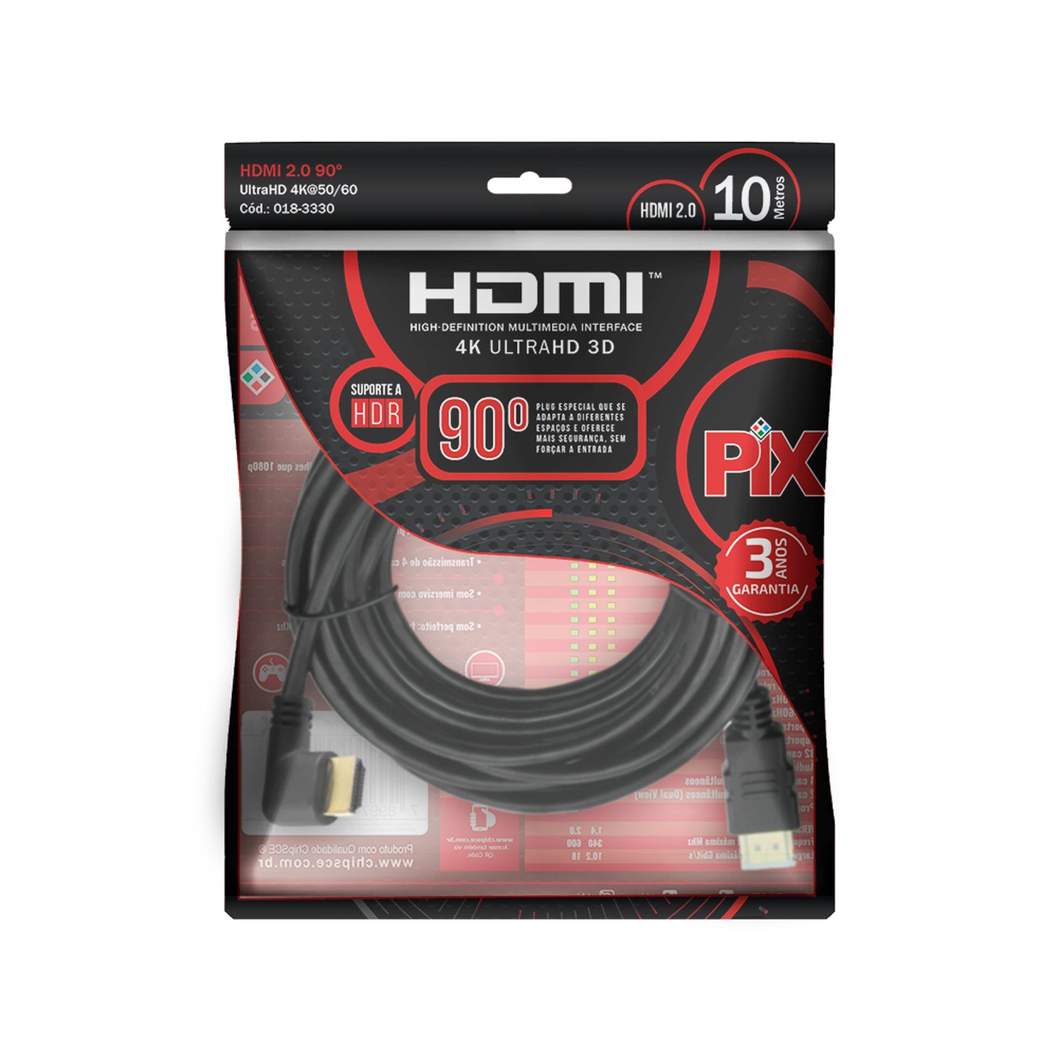 Cabo HDMI 90 Graus 2.0 4K HDR 19p 10m