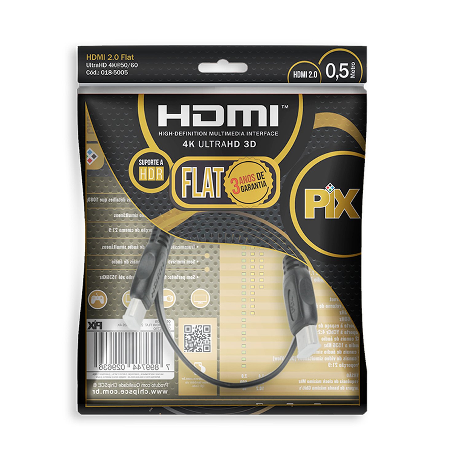 Cabo HDMI Flat 2.0 19 Pinos 4K 0.5 Metros - Polybag