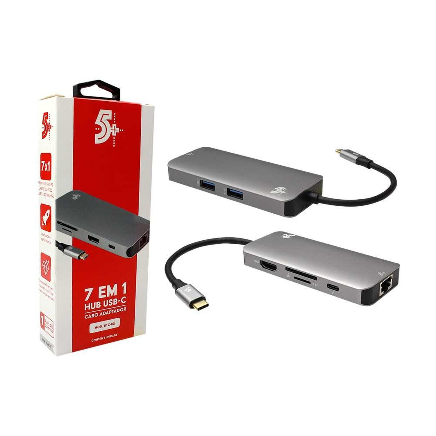 HUB USB-C 7x1, HDMI, USB 3.0, RJ45 USB-C, LEITOR SD/MICRO SD, 5+ - DTC-02 018-7453