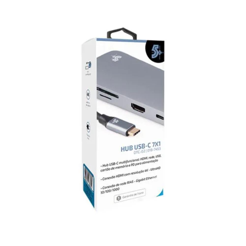 HUB USB-C 7x1, HDMI, USB 3.0, RJ45 USB-C, LEITOR SD/MICRO SD, 5+ - DTC-02 018-7453