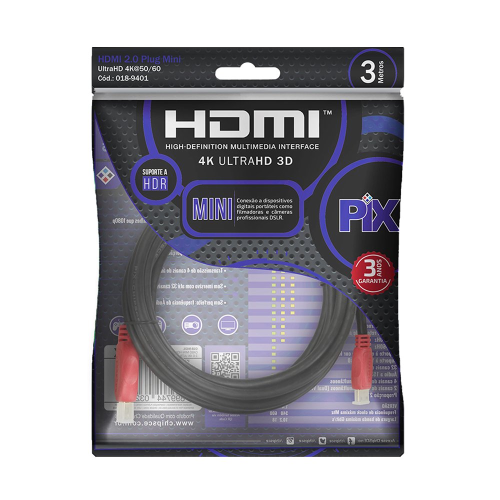 Cabo Mini HDMI X HDMI 3m 2.0 4K ULTRAHD 19 Pinos