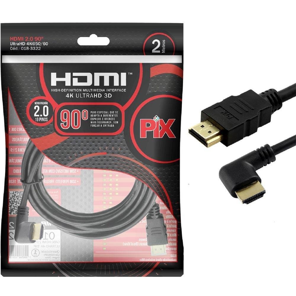 Cabo Hdmi 2.0 4K Pix 2 Metros 19 Pinos Plug 90° 018-3322