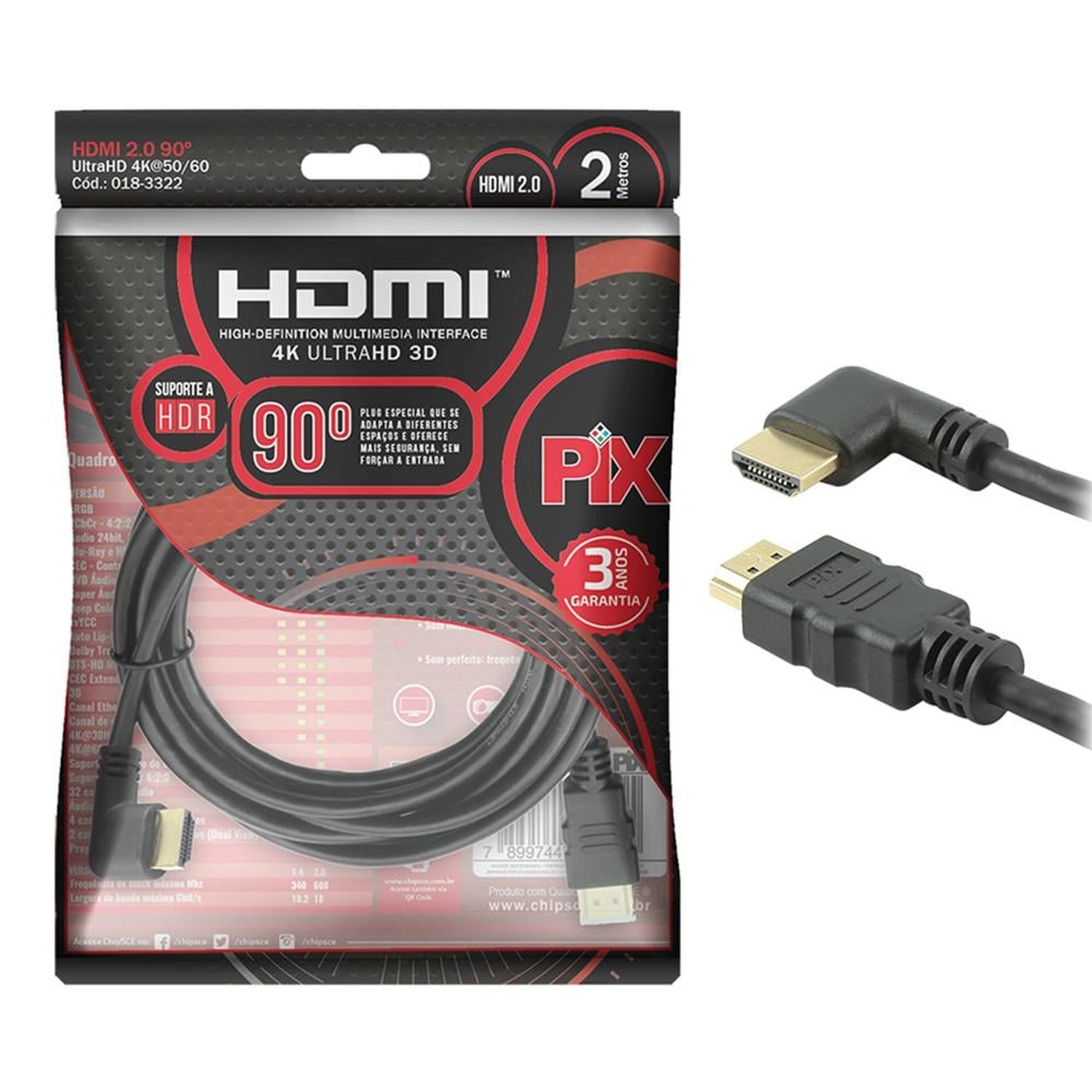 Cabo Hdmi 2.0 4K Pix 2 Metros 19 Pinos Plug 90° 018-3322