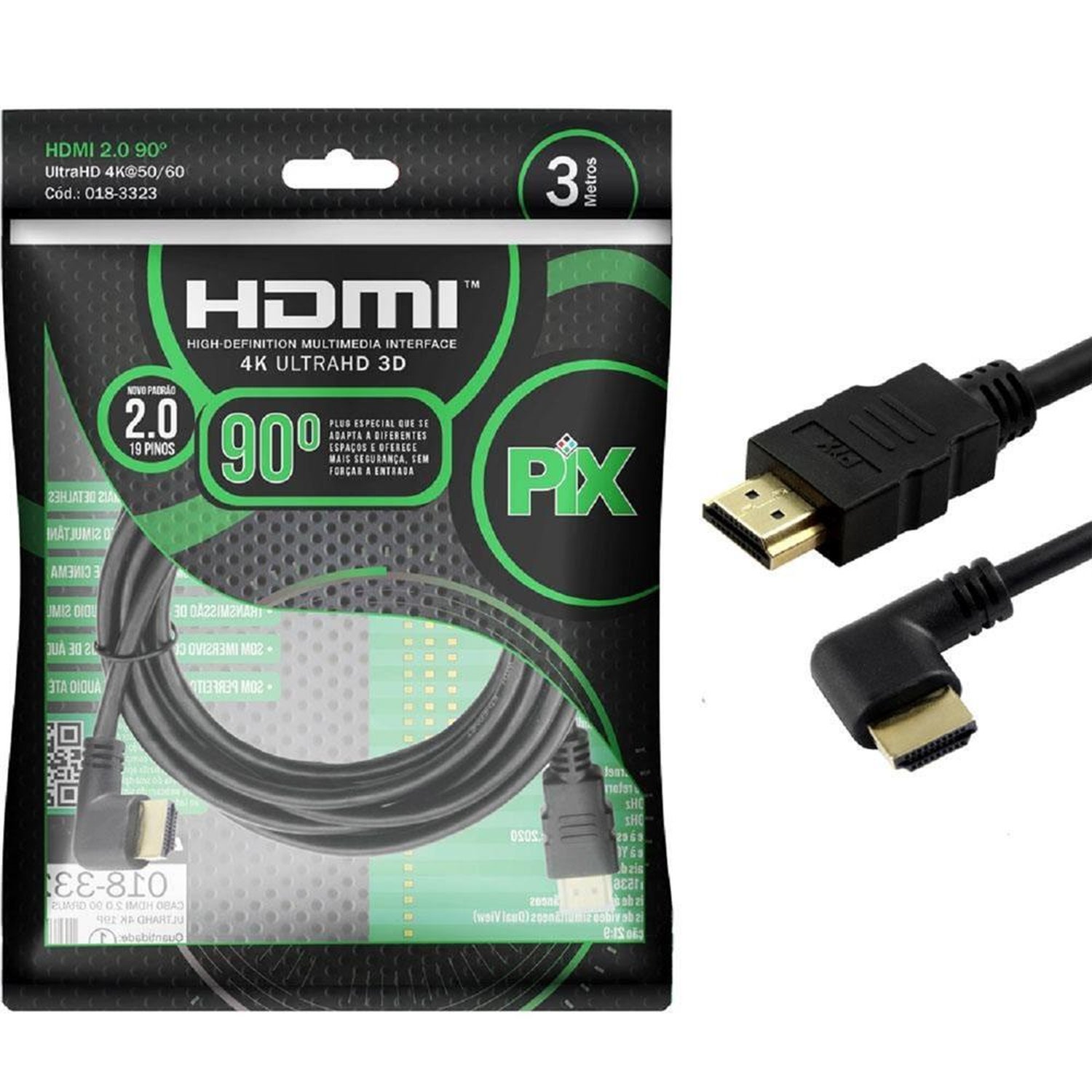 Cabo Hdmi 2.0 4K Pix 3 Metros Plug 90 Graus - 018-3323