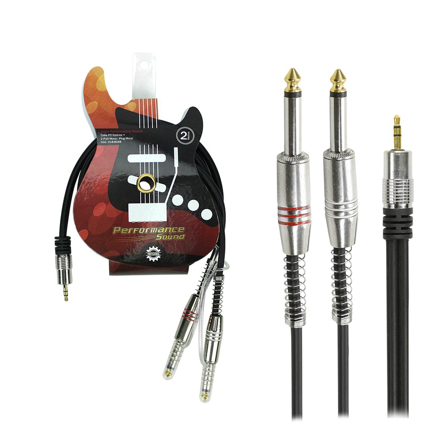 Cabo P2 Estéreo + 2 P10 Mono Plug Metal 2 Metros Fitz - Performance Sound