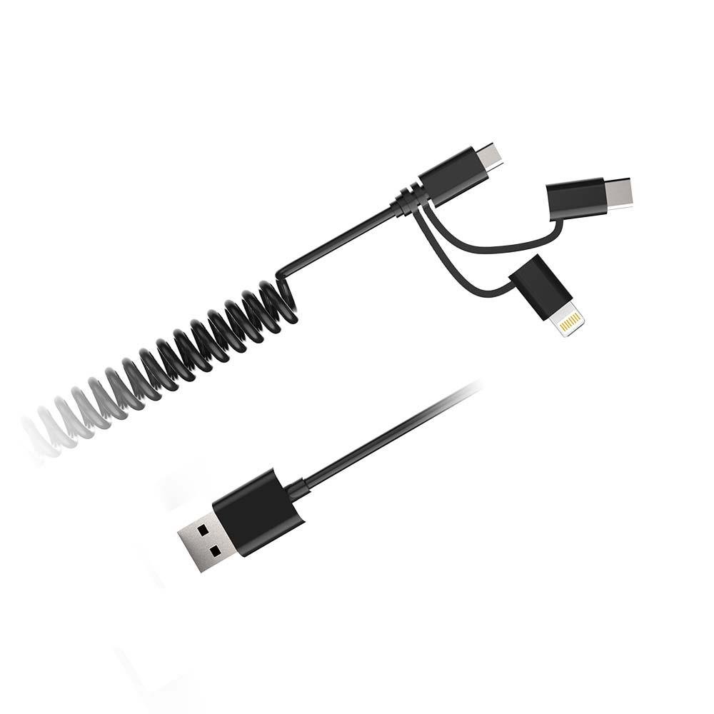 Kit Carregador 3 Em 1 C/ Cabo Espiral 1,5M Multilaser Preto - CB129