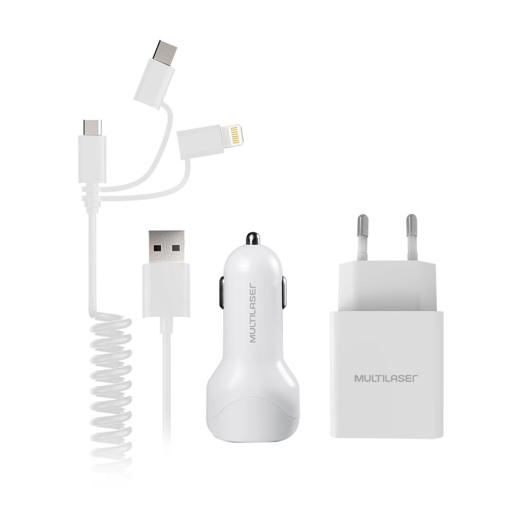 Kit Carregador 3 Em 1 C/ Cabo Espiral 1,5M Multilaser Preto - CB129