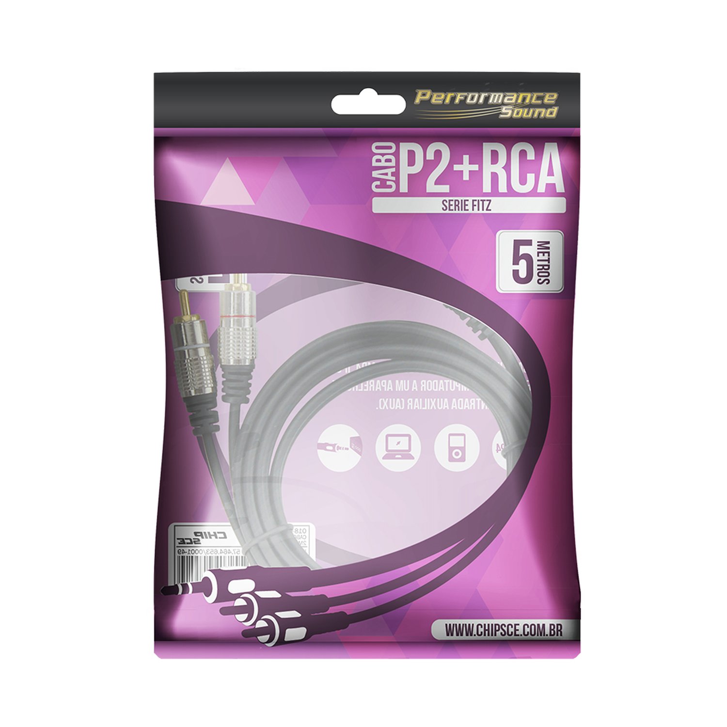 Cabo P2 Estéreo x 2 RCA - 5m Niquel Fitz - Performance Sound