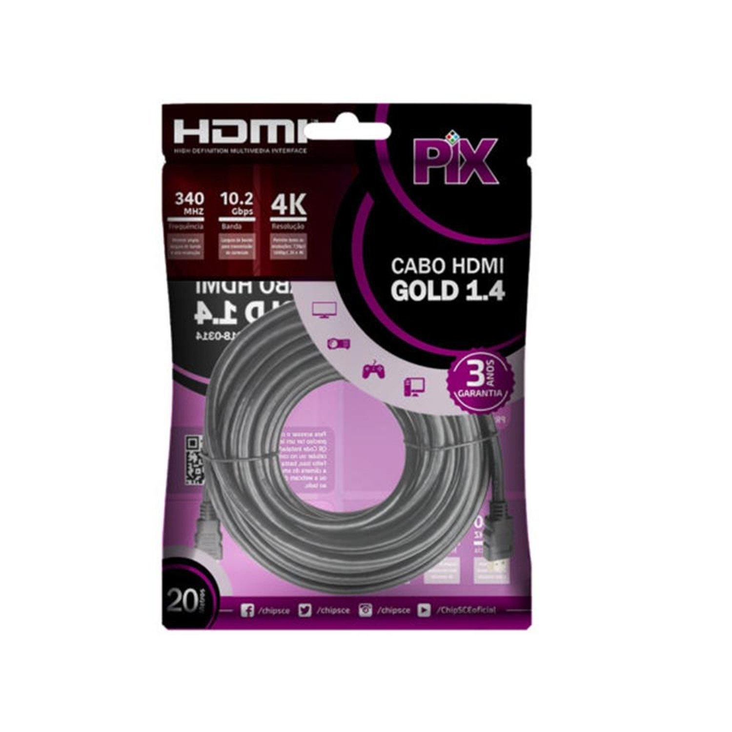 Cabo hdmi chip sce 20mts versao 1.4 4k ultra hd 19 pinos