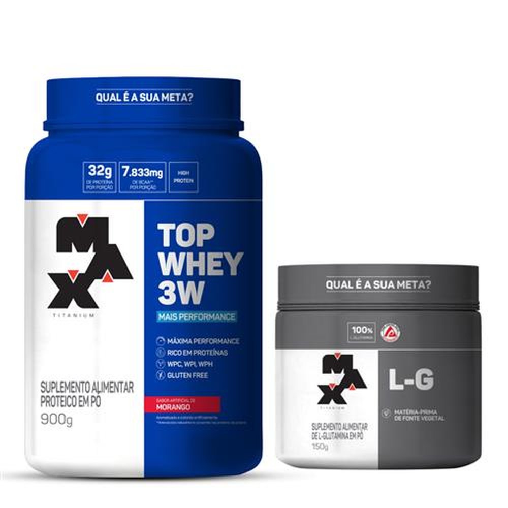Kit Top Whey 3W + Performance 900G Morango + L-G Glutamina 150G Max Titanium