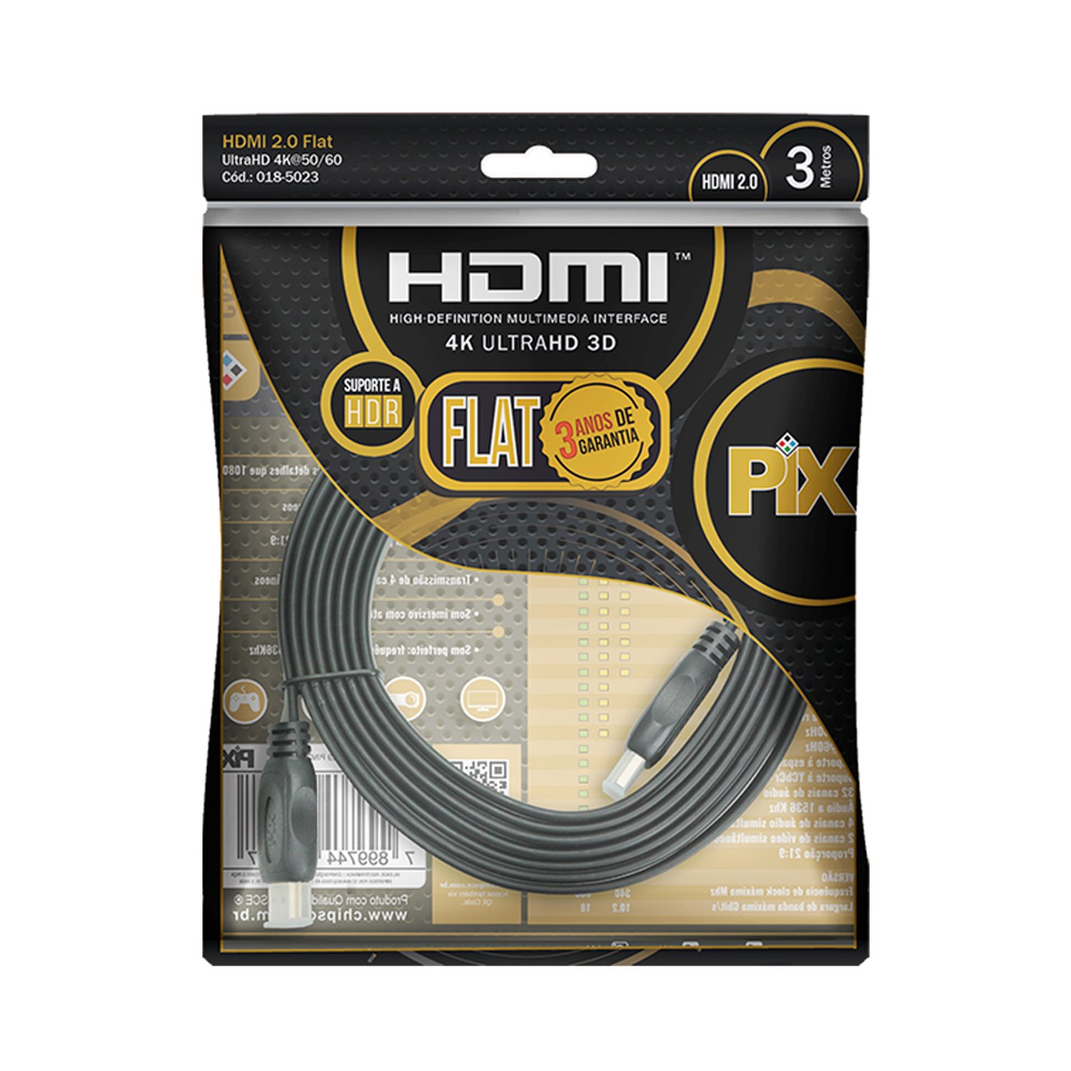 Cabo HDMI Flat 2.0 19 Pinos 4K 3 Metros - Polybag