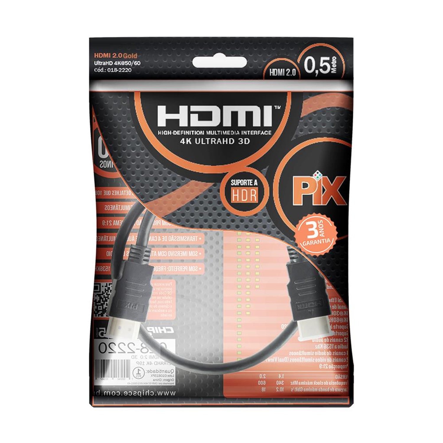 Cabo HDMI 2.0 4K 19 Pinos 0,5m