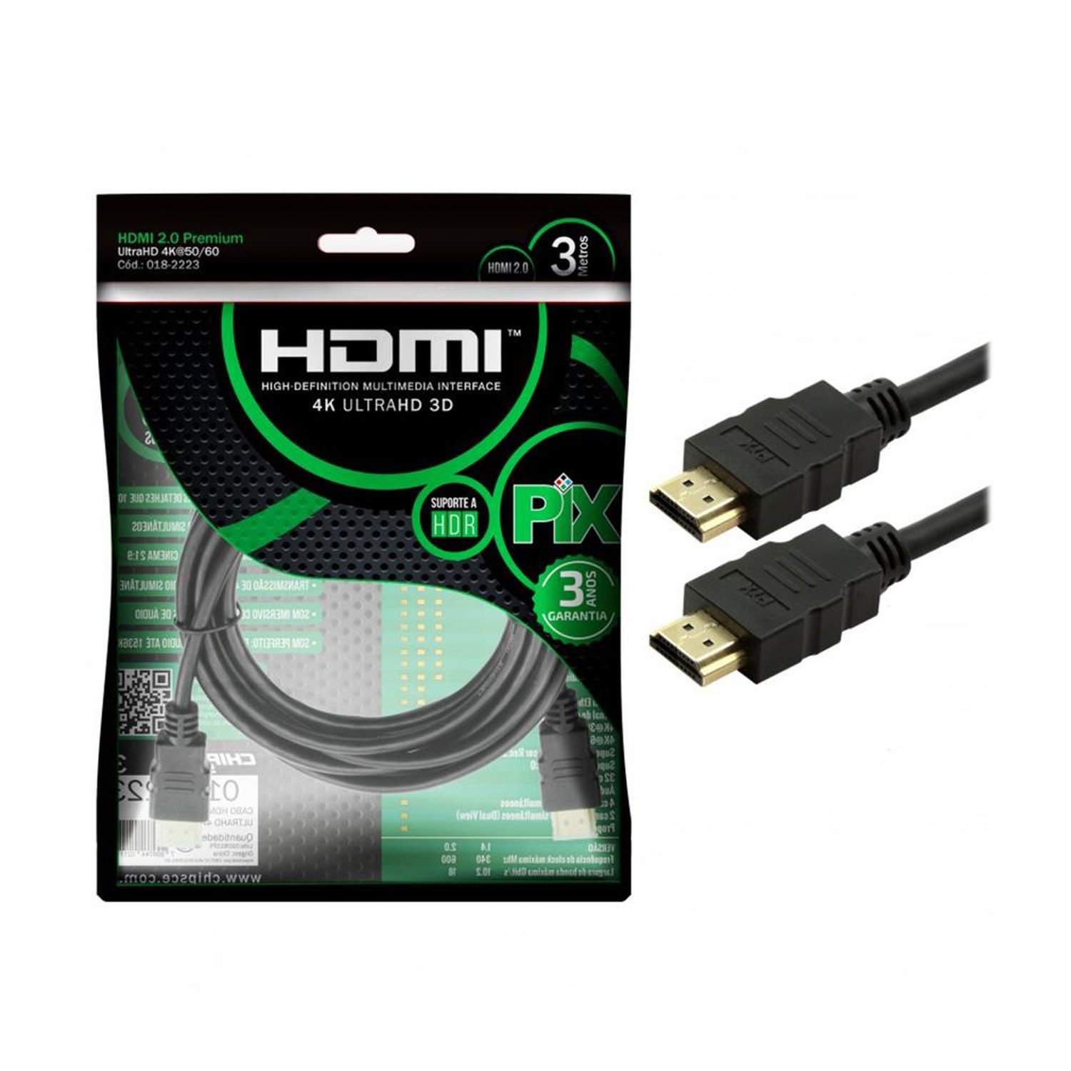 Cabo Hdmi 2.0 4K Hdr 19P 3 Metros Pix Gold Preto
