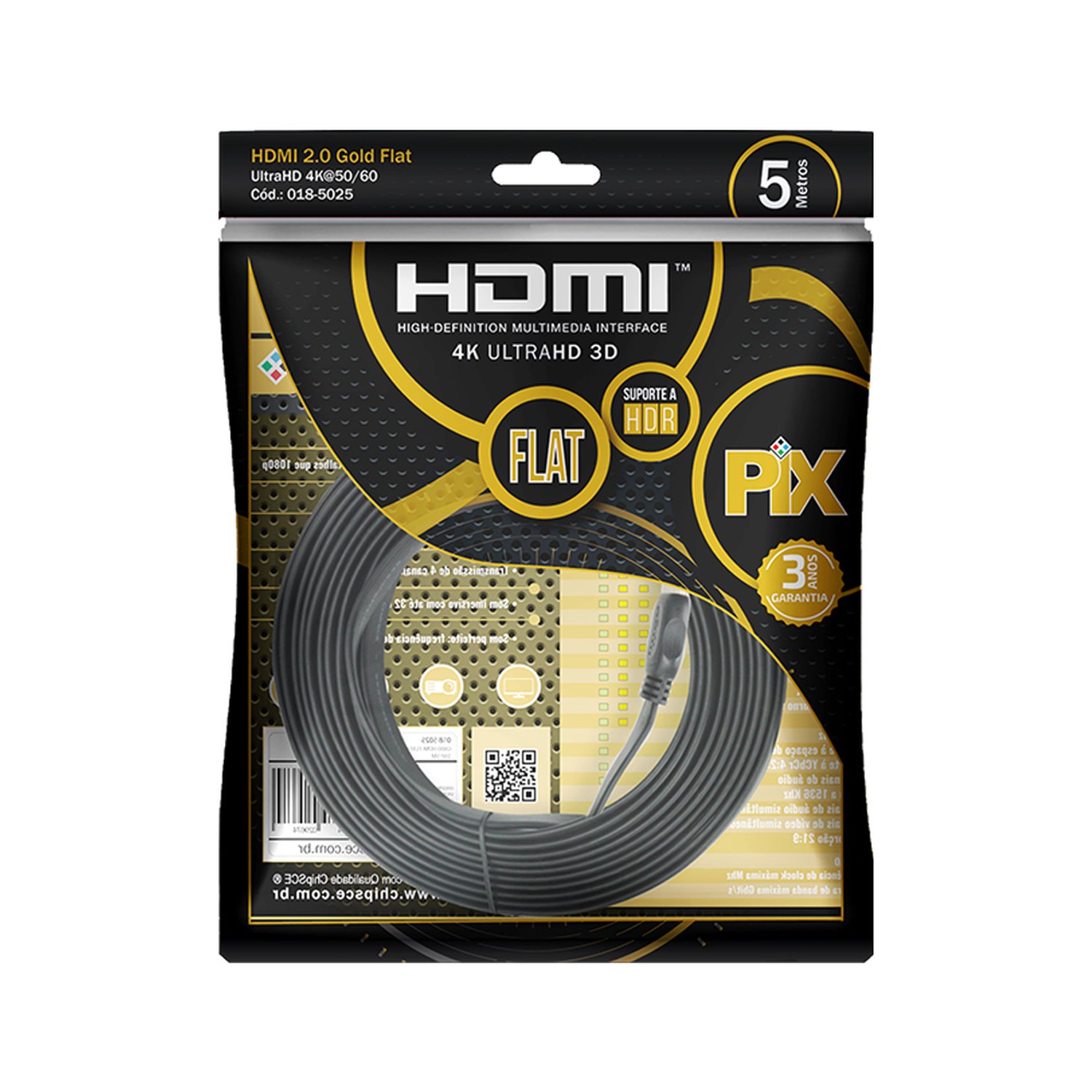 Cabo HDMI Flat 2.0 19 Pinos 4K 5 Metros - Polybag