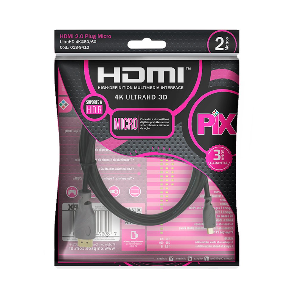 Cabo Micro HDMI x HDMI Pix, 2M, 2.0, Ultra HD 4K 3D-018-9410