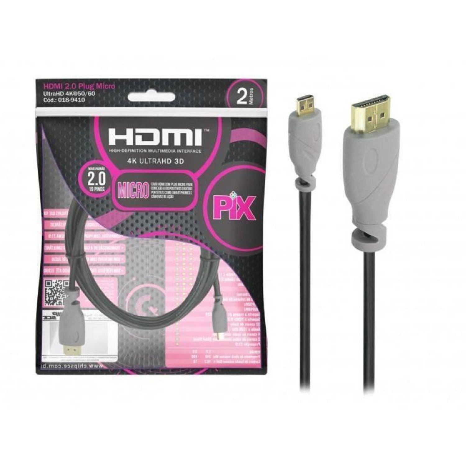 Cabo Micro Hdmi X Hdmi Pix, 2M, 2.0, Ultra Hd 4K 3D-018-9410