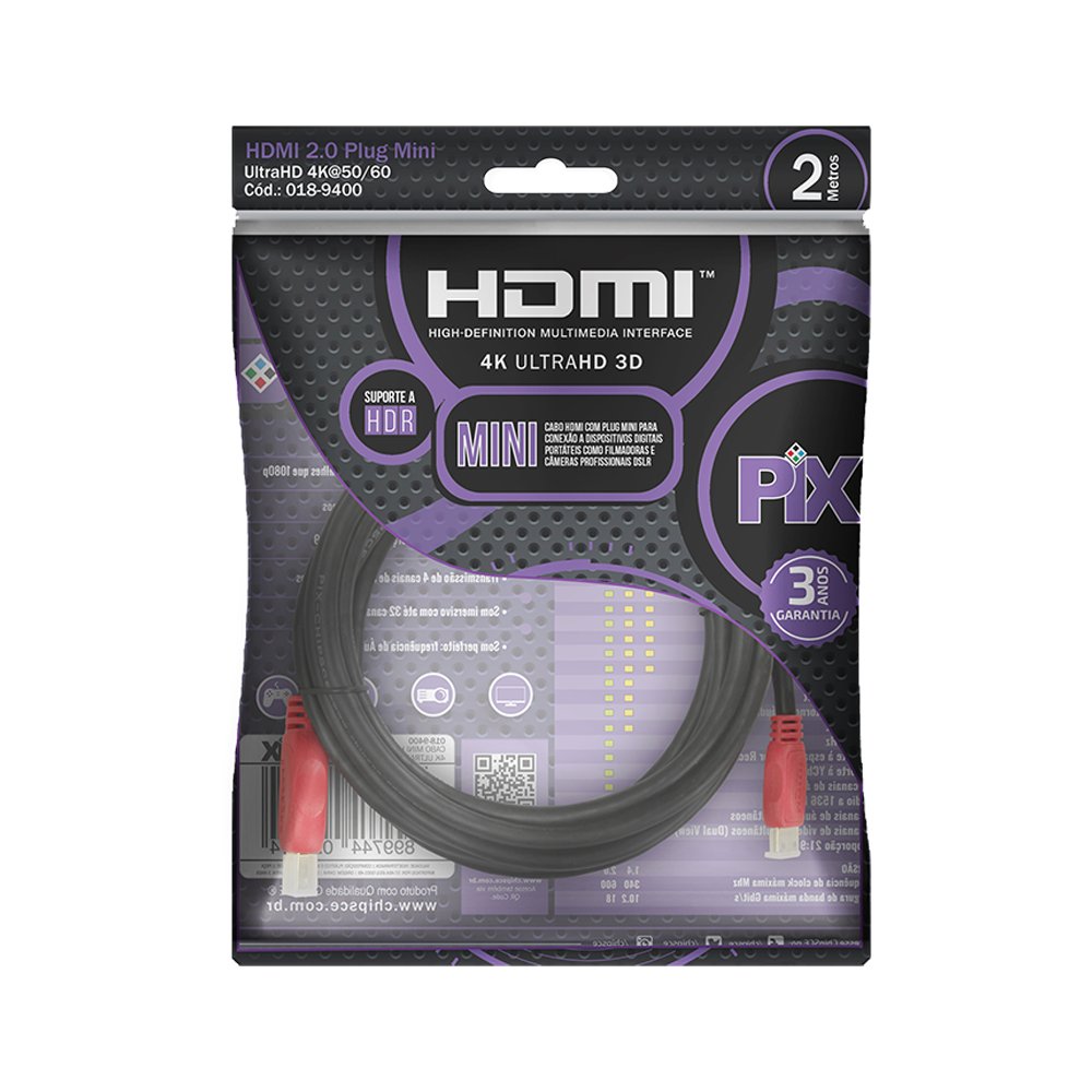 Cabo Mini Hdmi 2 Metros 4K 2.0 Ultra Hd Pix