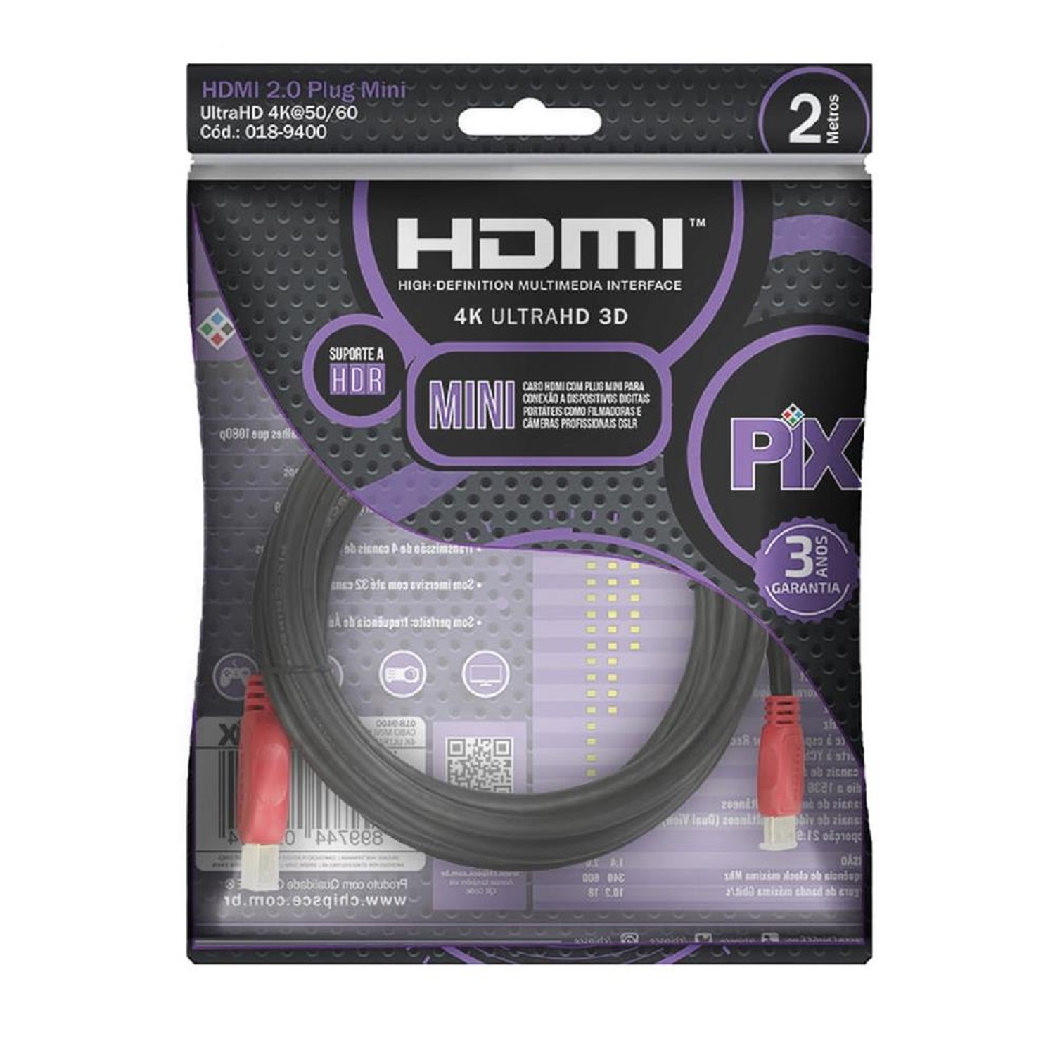 Cabo Mini Hdmi 2 Metros 4K 2.0 Ultra Hd Pix