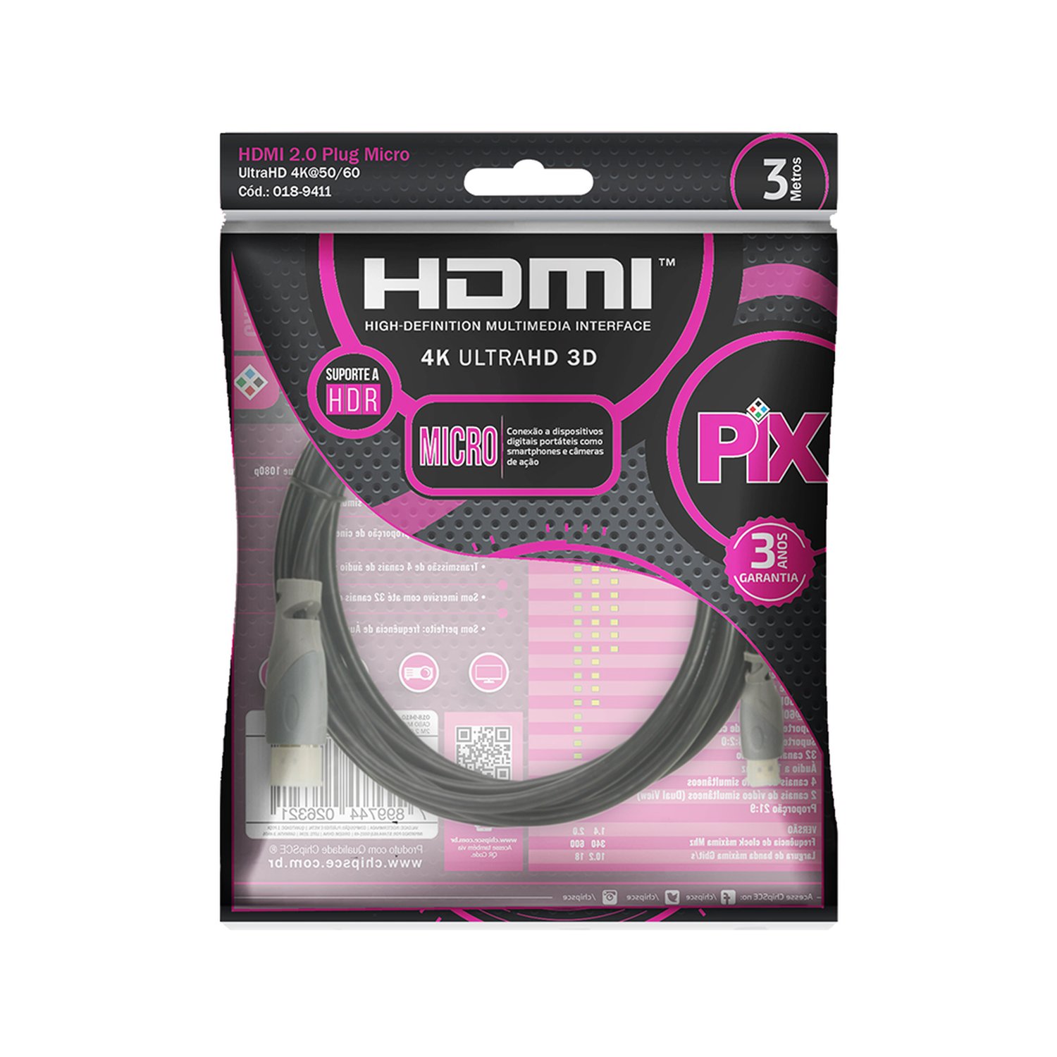 Cabo Micro HDMI x HDMI 3m 2.0 4K ULTRAHD 19 Pinos