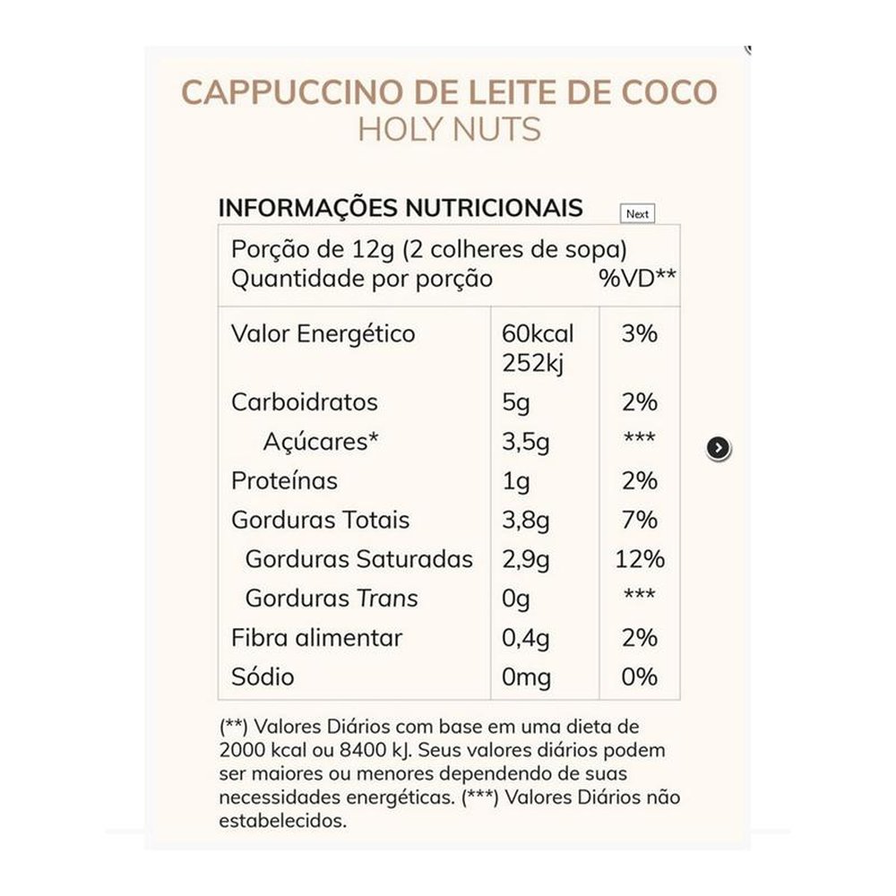 Cappuccino a Base de Leite de Coco 120g Holy Nuts