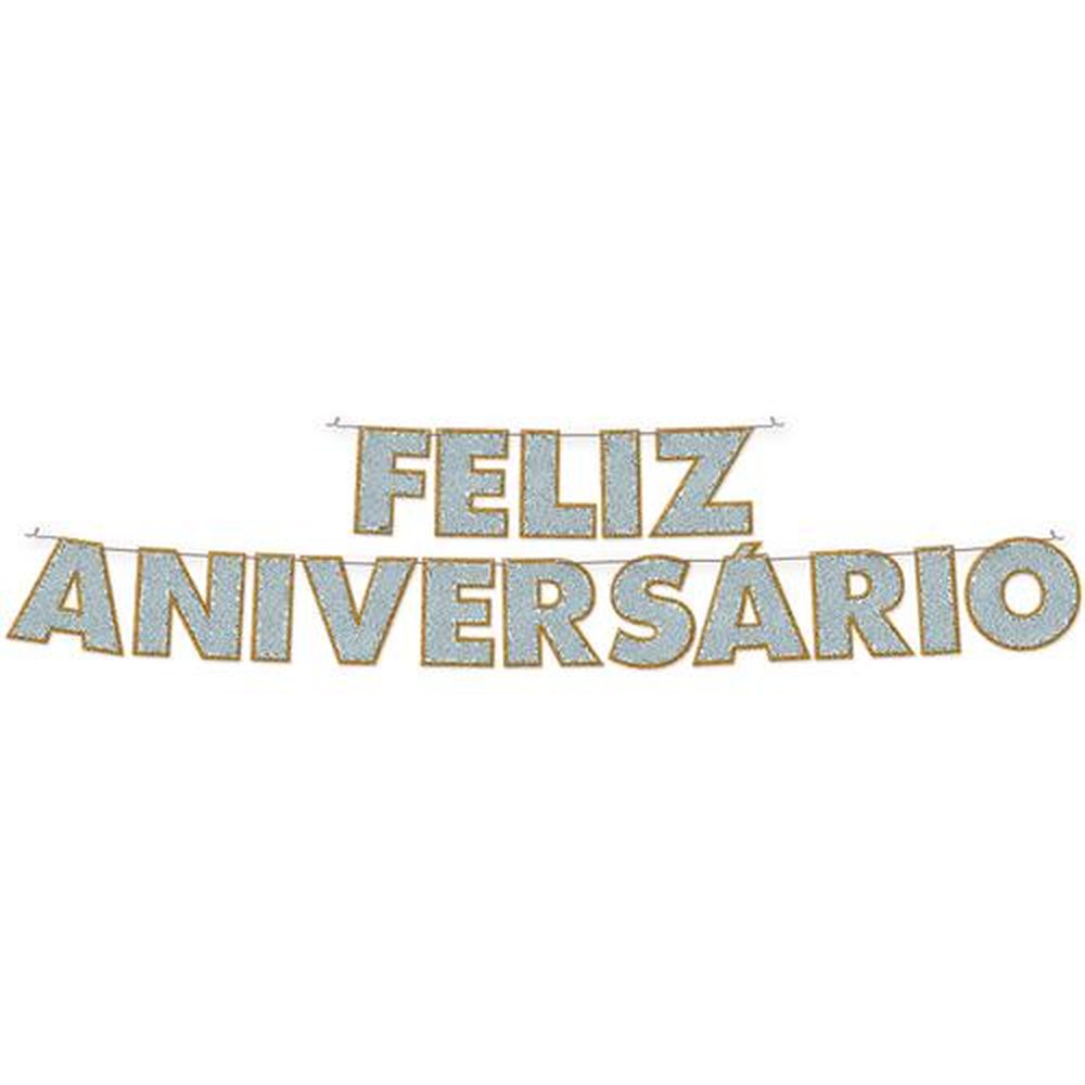 Faixa Feliz Aniv. Letras Glitter Prata Com Dourado C/01 Und.