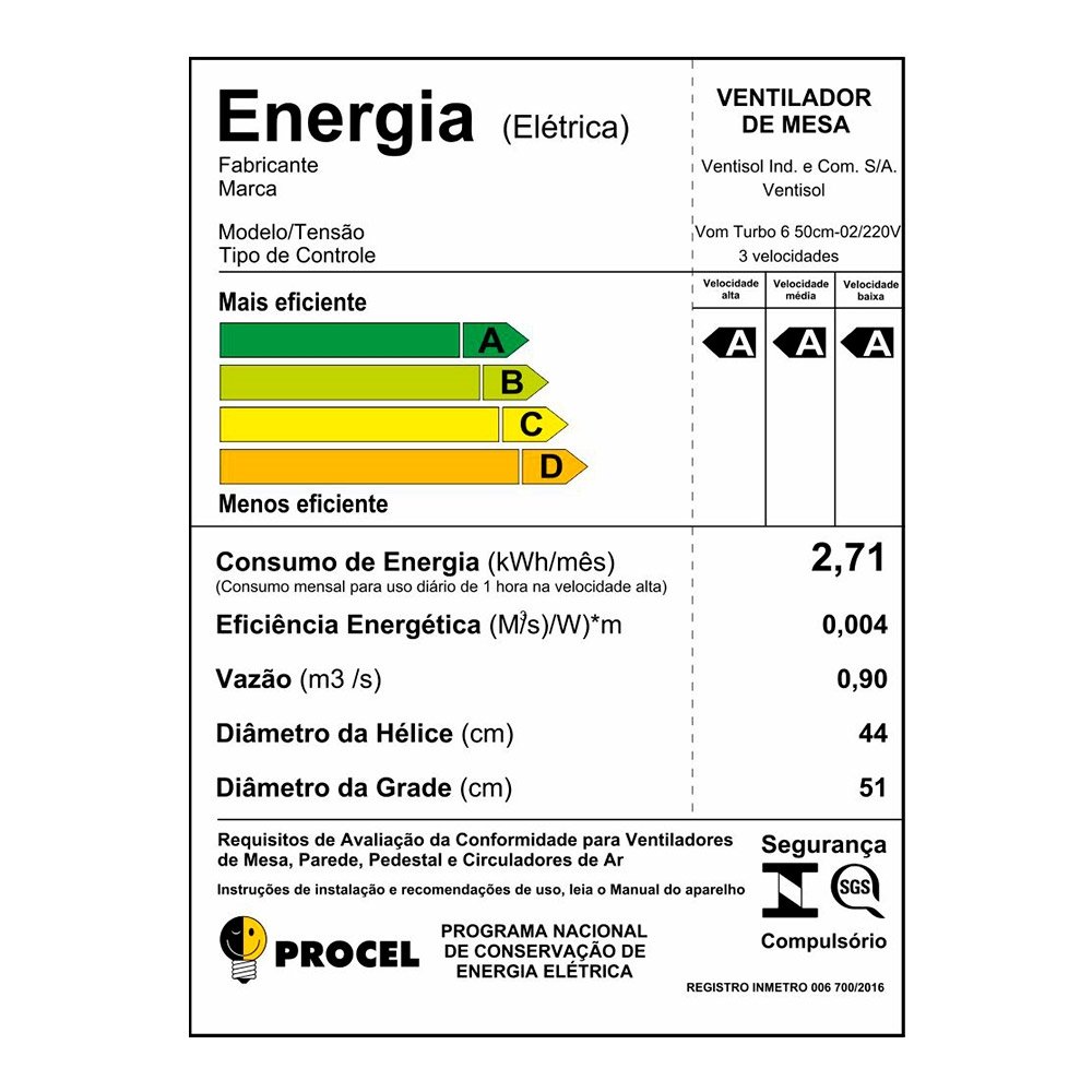 Ventilador de Mesa Ventisol 50cm Turbo 6, 3 Velocidades, 6 Pás, Preto, 220V