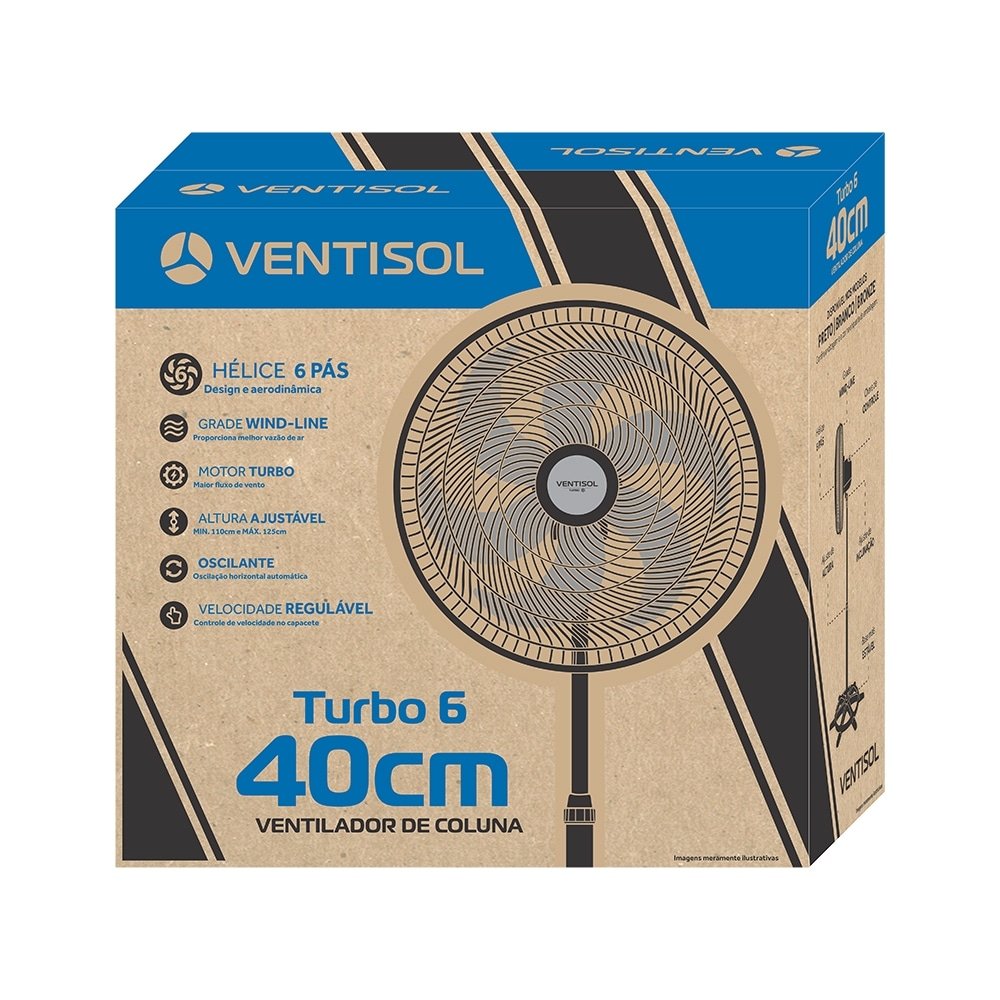 Ventilador de Coluna Ventisol 40cm Turbo 6, 3 Velocidades, 6 Pás, Preto, 110V