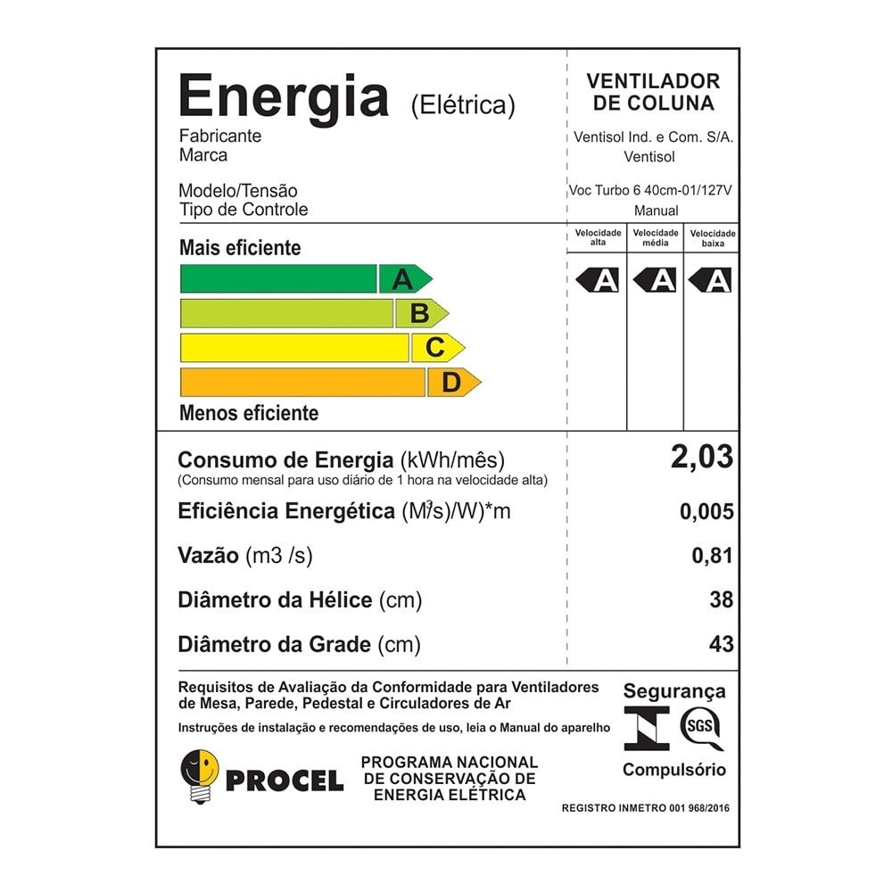 Ventilador de Coluna Ventisol 40cm Turbo 6, 3 Velocidades, 6 Pás, Preto, 110V