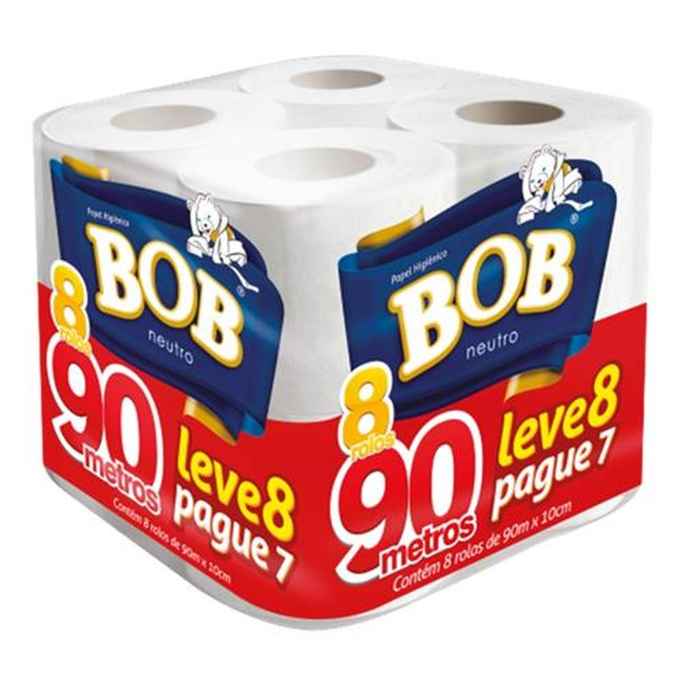 Papel Higiênico Bob Folha Simples 90m Neutro 8x8 Leve 8 Pague 7 (Cubo) (64 rolos)