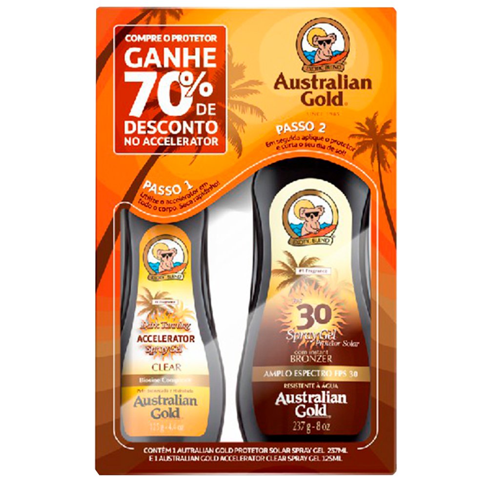 Kit Australian Gold Protetor Solar Spray Fps30 237g + Bronzeador Spray Clear Dark 125g