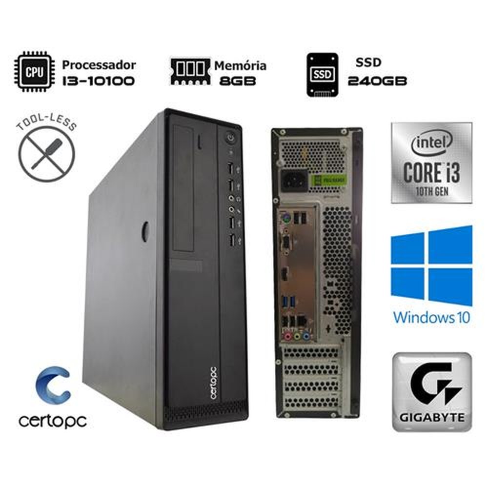 Computador Intel Core i3 10100 10ª Ger. 8GB SSD 240GB Corporate 403 Windows 10 PRO - CERTO PC